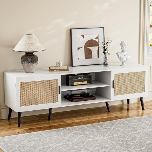 TV Stand for TVs up to 65'', Mid Century Modern Entertainment Center with Rattan Door, Shelves & 2 Cabinets, Boho Media TV Console for Living Room, Bedroom, White