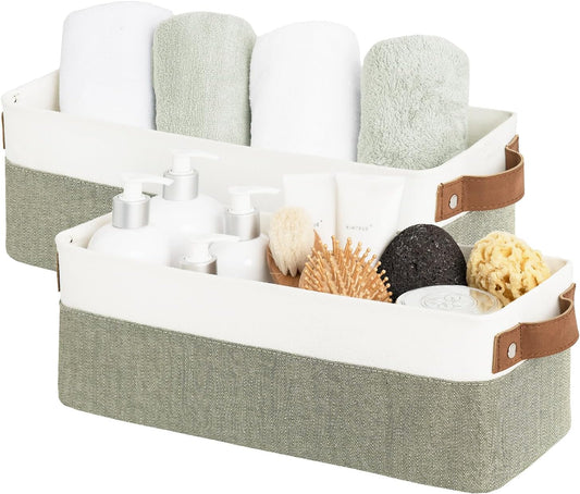 StorageWorks Narrow Storage Bins, Small Basket for Closet and Shelves, Fabric Organizer with Handles, Toilet Paper Storage, Green and White, 2-Pack