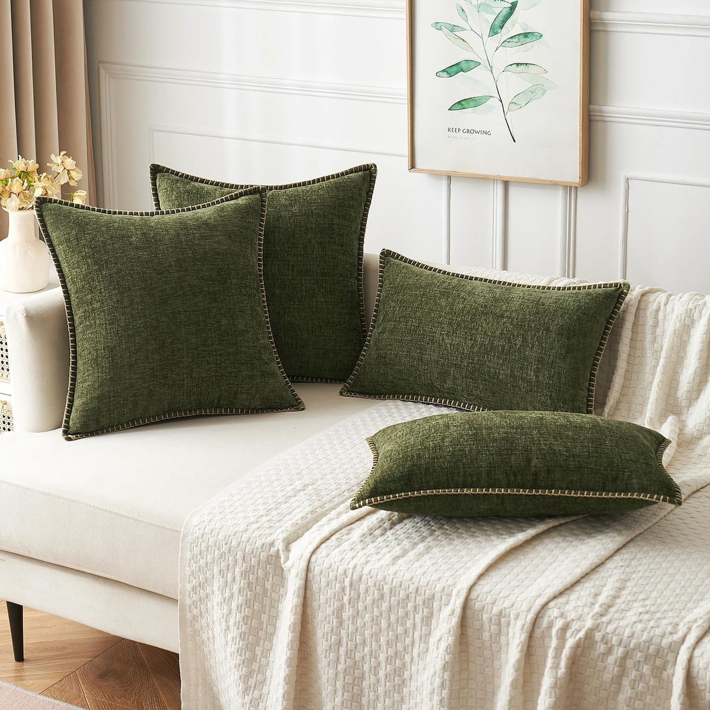 MIULEE Pack of 2 Couch Throw Pillow Covers 18x18 Inch Olive Green Farmhouse Decorative Pillow Covers with Stitched Edge Soft Chenille Solid Dyed Spring Pillow Covers for Sofa Bed Living Room