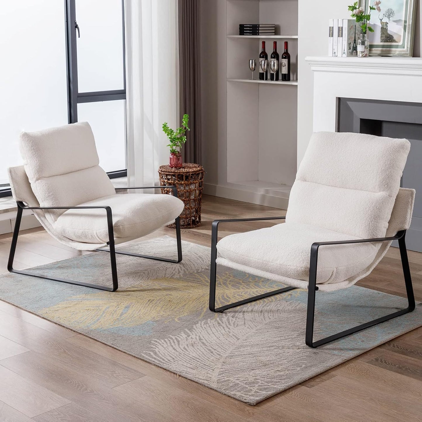 DUOMAY Modern White Sherpa Accent Chair, Comfy Lounge Lazy Chair with Metal Leg, Mid-Century Corner Arm Chair for Living Room Bedroom Office Apartment