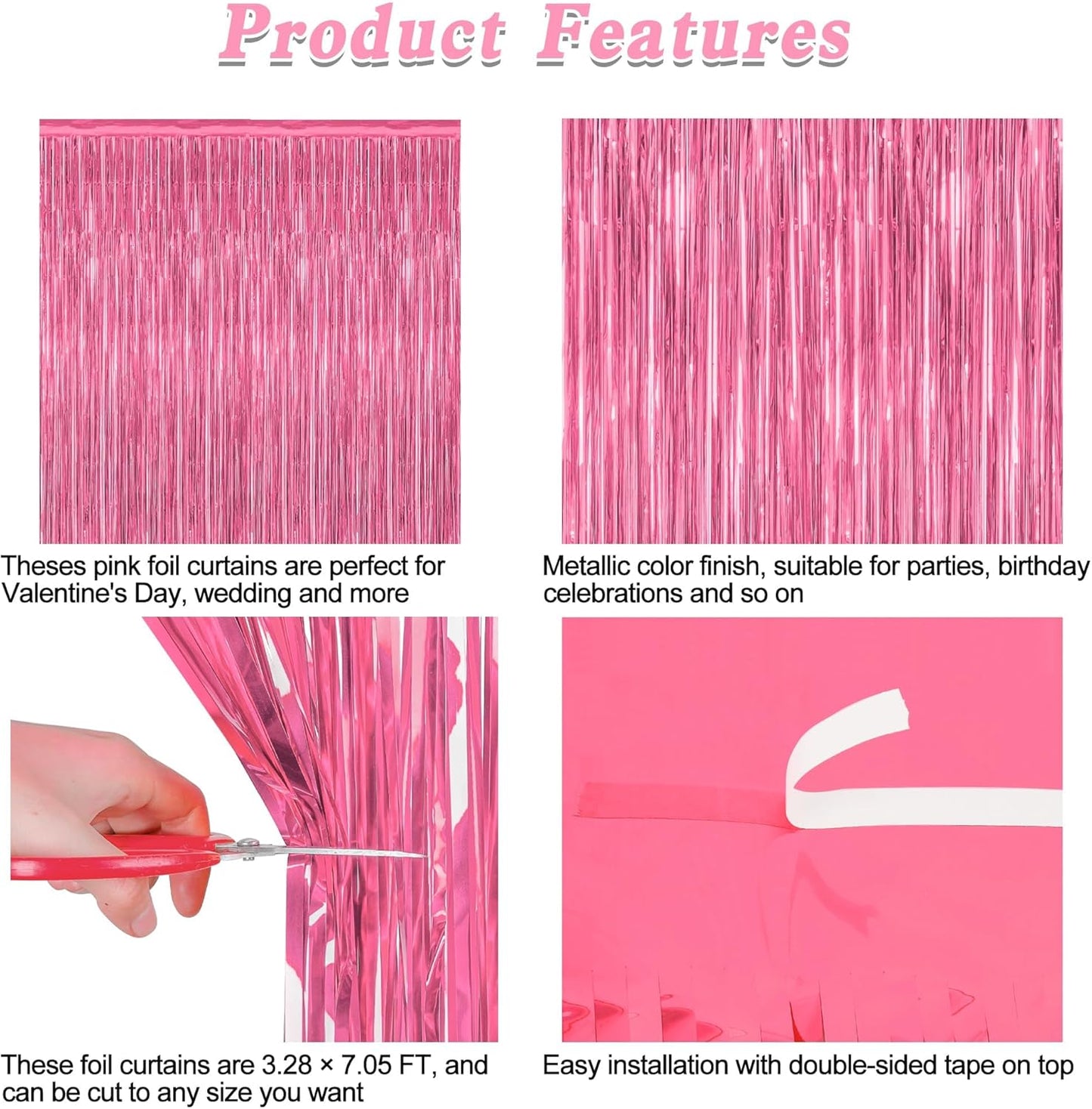 4 Pack Birthday Decorations, 3.28 FT x 7.05 FT Pink Backdrop, Metallic Happy Birthday Backdrop Fringe Curtains Party Streamer, Bachelorette Party Decorations Princes Birthday Party Decor