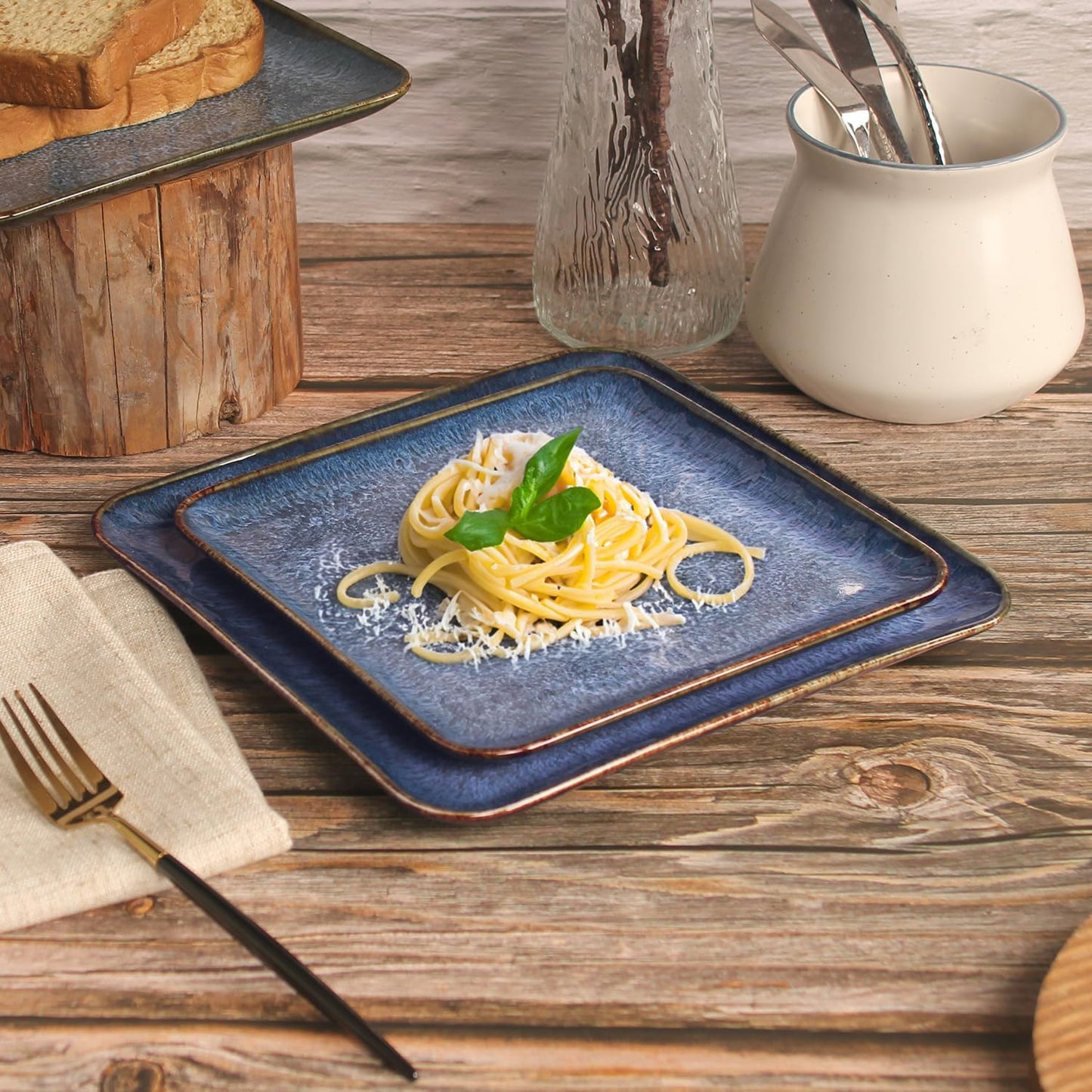 Ceramic Dinner Plates Dish Set, Set of 4, Microwave Oven and Dishwasher Safe, Scratch Resistant, Dinnerware Kitchen Porcelain Serving Dishes Blue, 9 inch Square plate