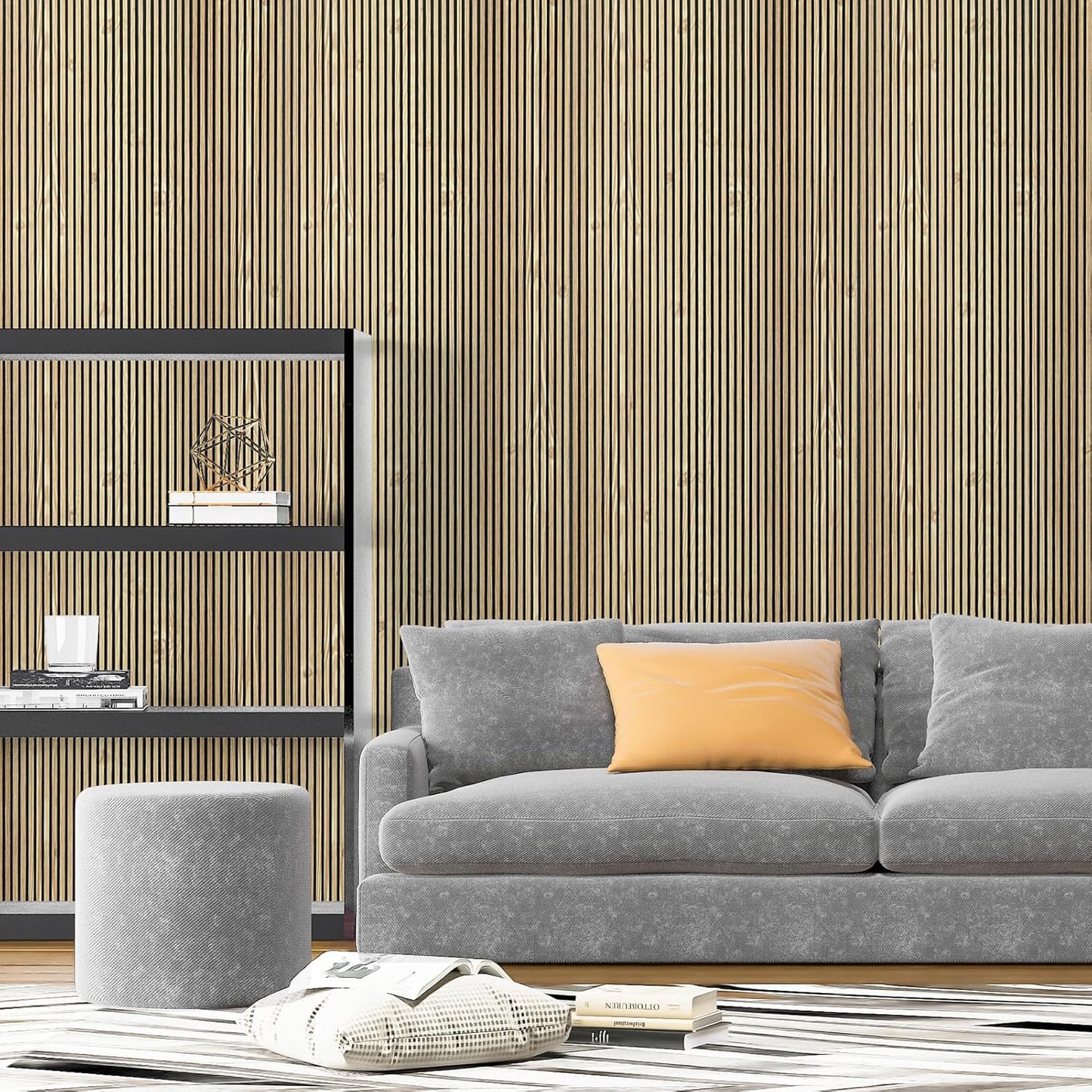 Art3d 4-Pack Glue-On Fine Bar Wainscoting Panel for Interior Wall Decor - 104 x 12 Inch Polystyrene Ultralight Slim Slat Wall Panels for Living Room Bedroom, Teak