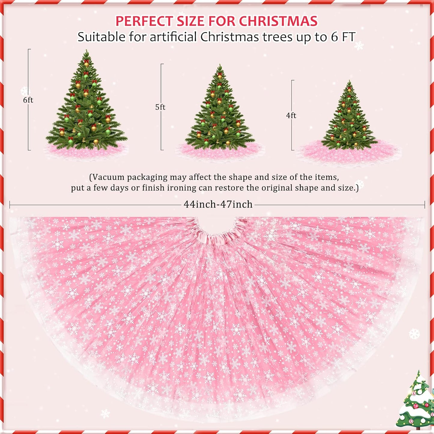 Christmas Wedding Tree Skirt, 4 Layer 45 in Snowflake Tulle Tree Decoration for Party Indoor, Fluffy Tree Cover Mat Ornament for Holiday, Pink