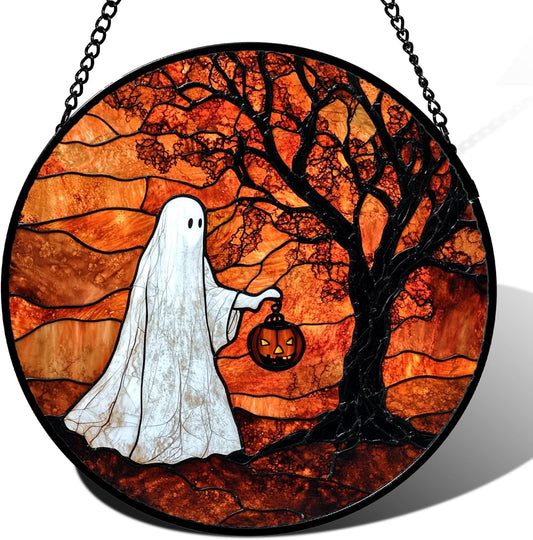 Stained Glass Window Hanging - Halloween Ghost Holding A Pumpkin Lantern Suncatcher for Door Garden Spooky Tree Sun Catchers Gothic Decorations Horror Gifts for Women Men Friend 6.3 in