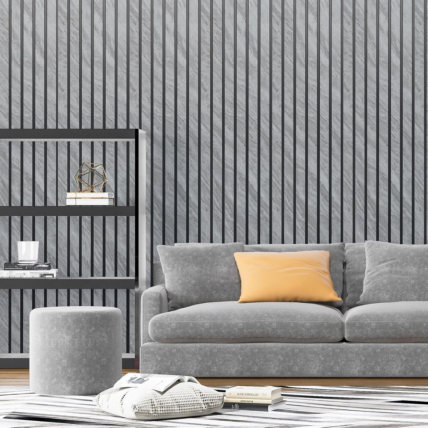 Art3d 4-Pack Glue-On Six-Grid Wainscoting Panel for Interior Wall Decor - 104 x 12 Inch Polystyrene Ultralight Slim Slat Wall Panels for Living Room Bedroom, Granite