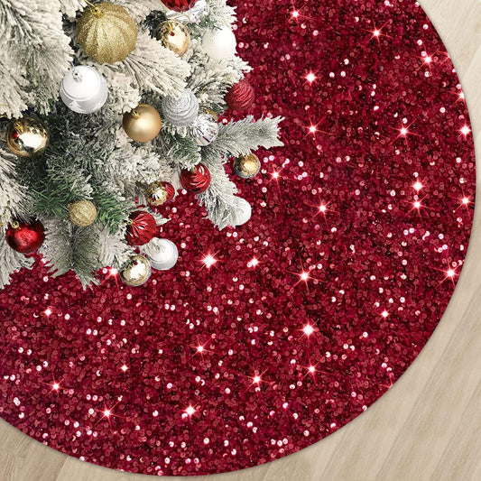 MODFUNS Sequins Christmas Tree Skirt 46 Inch Burgundy Xmas Tree Skirt Soft Fabric Christmas Tree Floor Mat Velvet Tree Skirt Christmas Tree Carpet for Indoor Home Party Decorations
