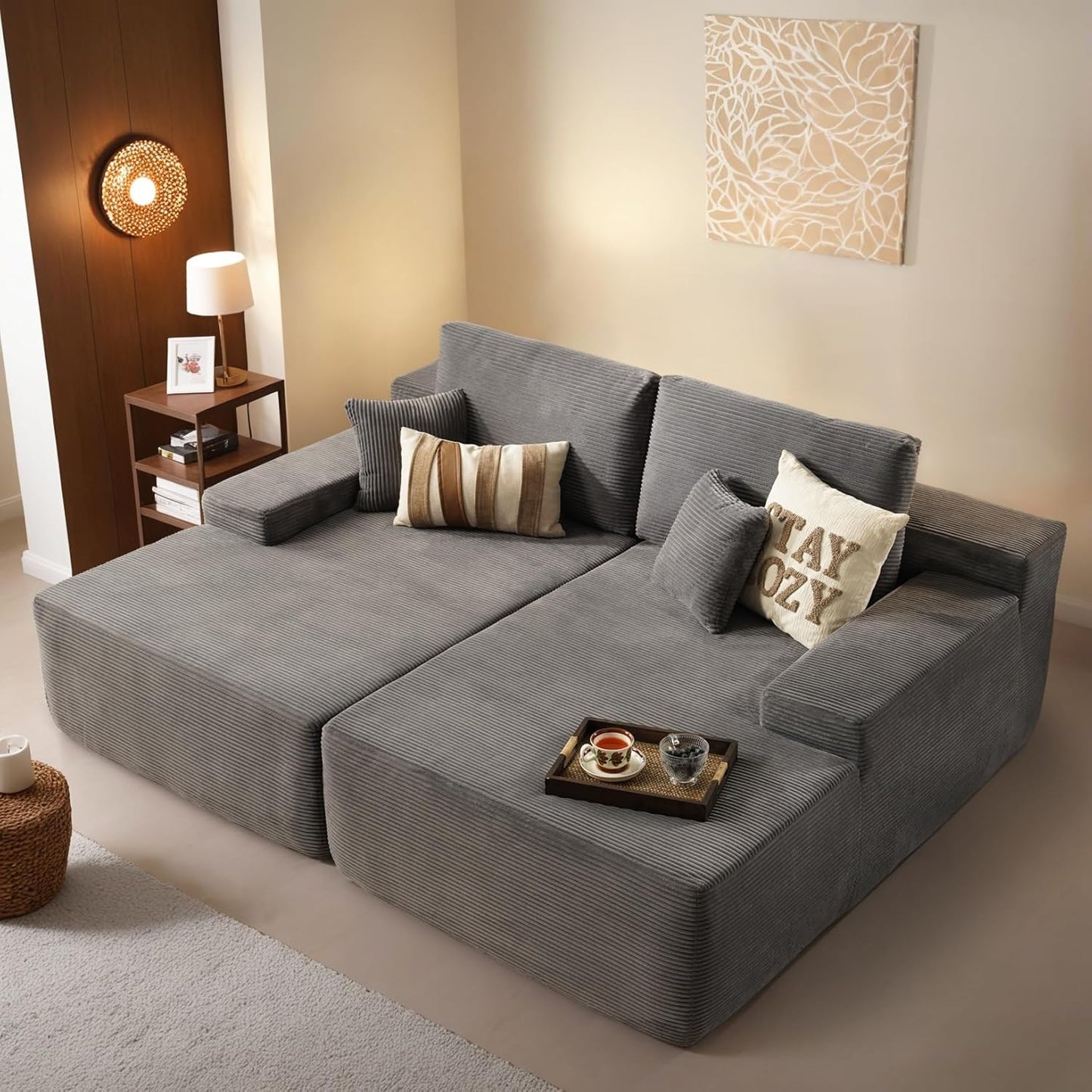 ovios 81" Oversized Sectional Double Lounge Chaise with Cloud Plush Sofa Bed, No Assembly Required, Fluffy Modern Sleeper Loveseat Chair for Indoor Living Room Bedroom Reading, Grey (Corduroy Fabric)