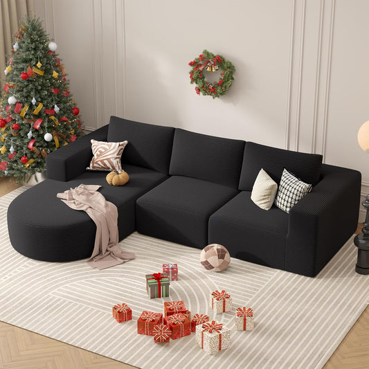 Modular Sectional Sofa with L-Shape Chaise,Cloud Sectional Modern Sleeper Couch with Deep Seat,Sponge Compression Sofas No Assembly Required (Black-Corduroy Fabric) 1PCS