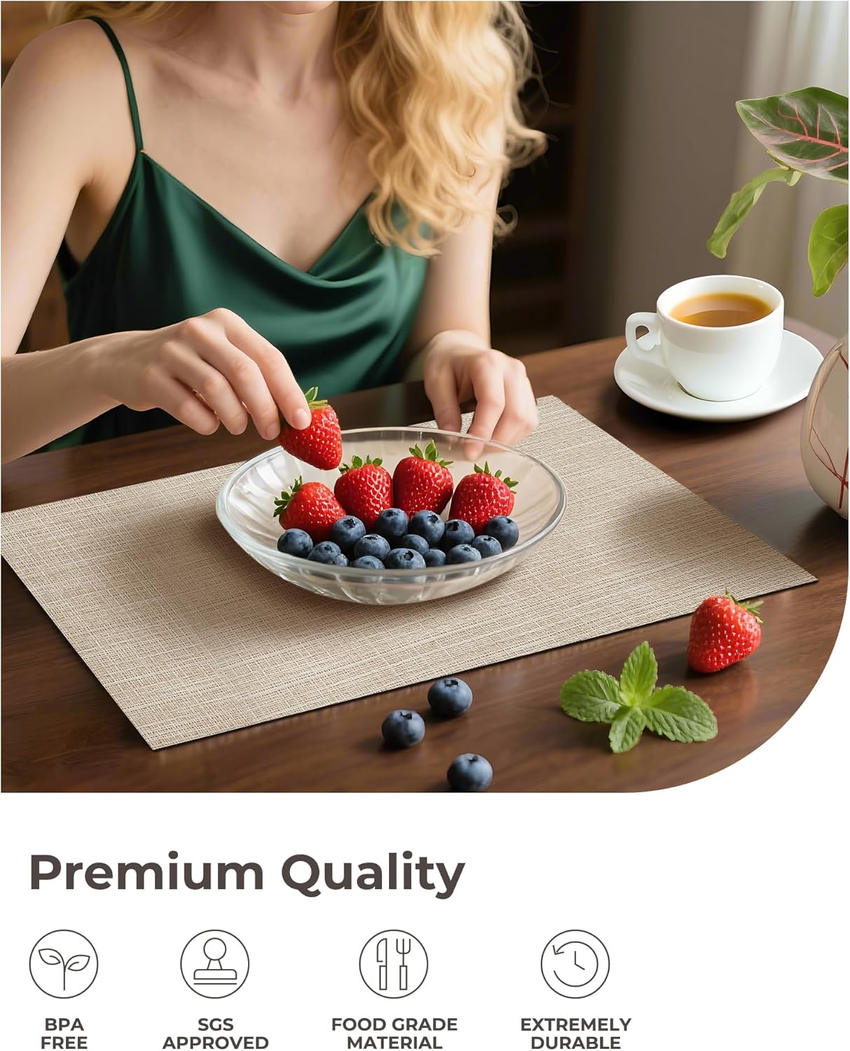 Leetaltree Beige Placemats Set of 6 - Heat Resistant Non-Slip Place mats for Dining Table, Washable Durable PVC Vinyl Woven Table Mats（Beige, 6）