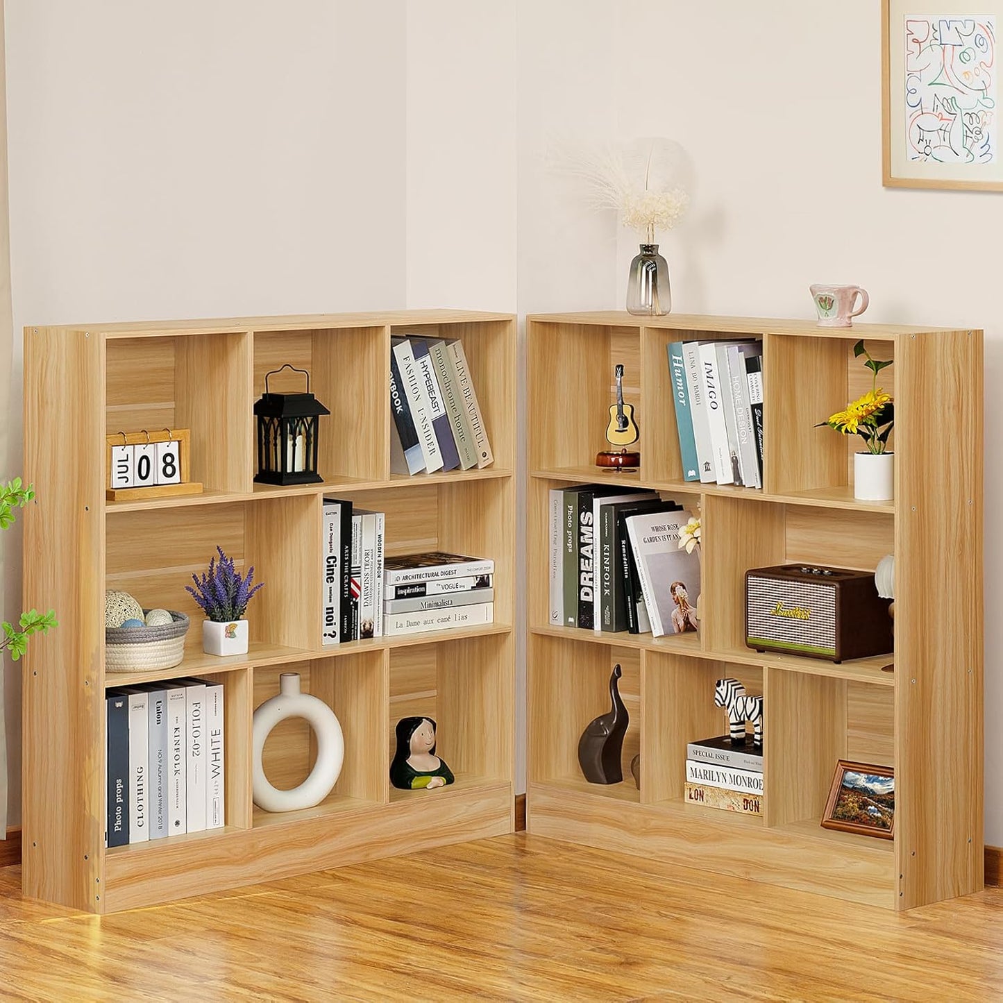 LEYAOYAO 8 Cube Bookshelf with Wood Base,Natural 3 Tier Mid-Century Modern Bookcase,Standing Wide Bookshelves Storage Organizer Shelf,Rustic Display Cabinet Book Shelves for Bedroom,Living Room