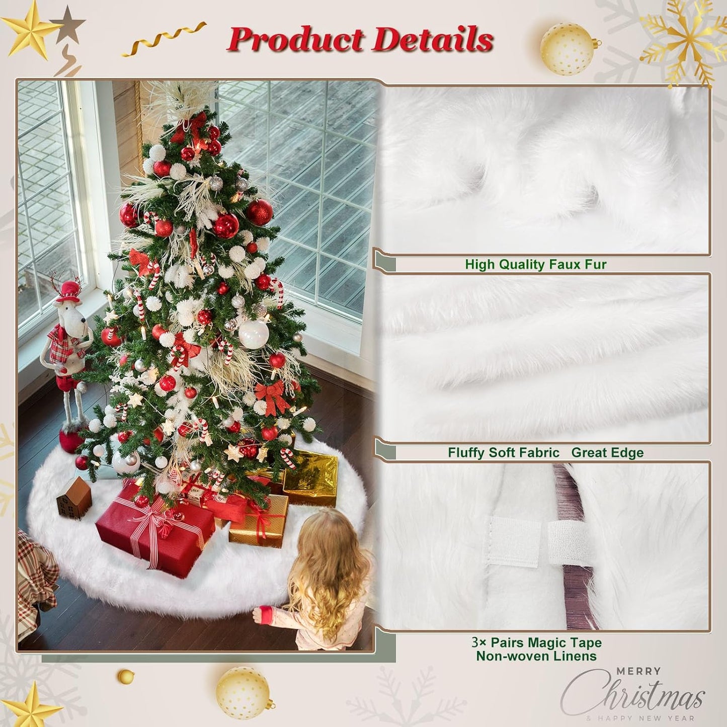 AerWo 72 Inch Christmas Tree Skirt, White Faux Fur Tree Skirt Thick Soft Plush Rug for Christmas Tree Decorations, Large Xmas Tree Mat for Christmas Indoor Holiday Party Ornaments Home Decorations