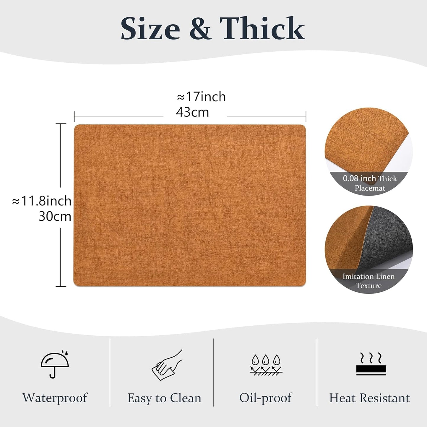 FROMHEART Faux Leather Placemats Set of 8–Waterproof,Heat/Oil Stain-Resistant PU Table Mat–Reversible,Non-Slip,Easy to Clean Place Mats for Kitchen,Dining,Indoor/Outdoor,(Orange-Grey,11.8" x 17")