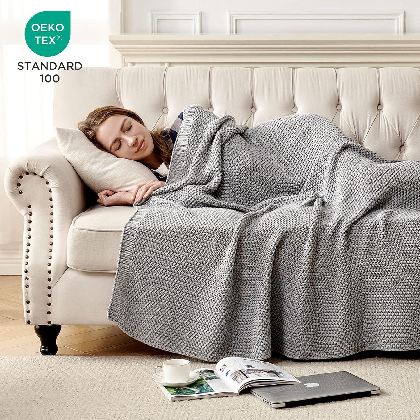 Joydeco Chunky Cable Knit Throw Blanket, Lightweight 100% Cotton Soft Cozy Throw Twin Blanket for Couch Bed and Sofa, Rustic Breathable Farmhouse Blanket Gift for Women Men(Grey, 51"x63")