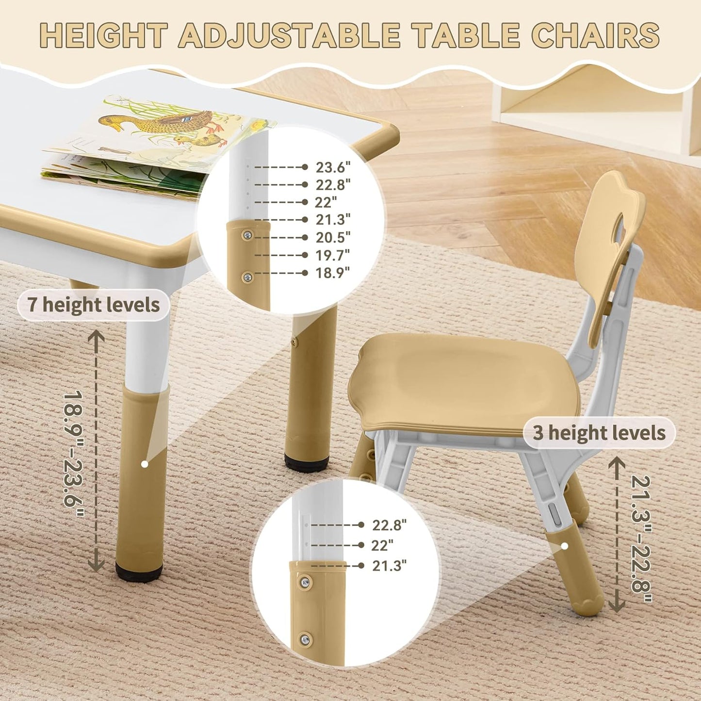 Kids Study Table and Chairs Set, Height Adjustable Toddler Table and Chair Set for Kids Ages 3-8, Graffiti Desktop (Light Brown)