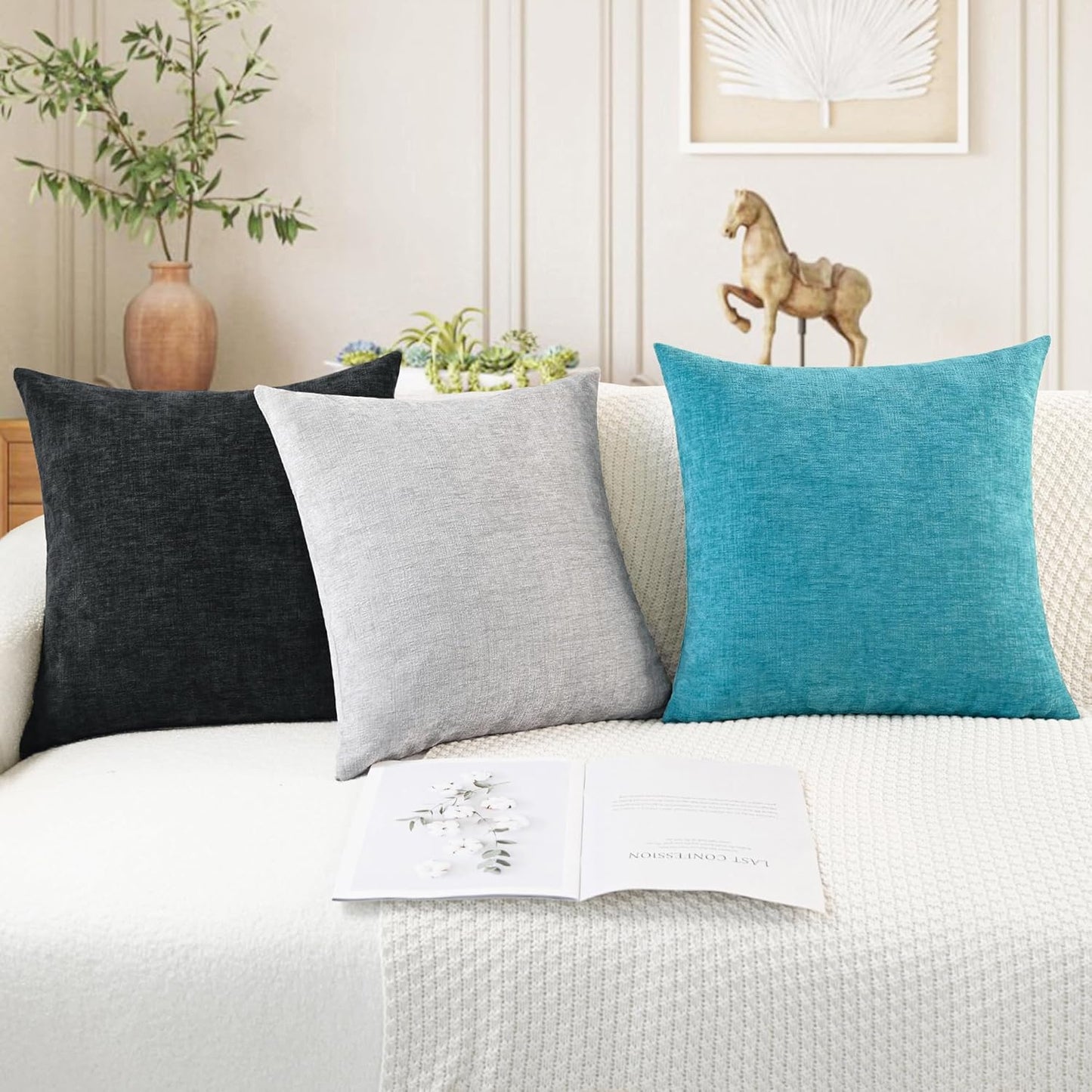 CaliTime Throw Pillow Covers Decorative 16 X 26 Inches Pack of 2 Cozy Chenille Cushion Cases for Couch Sofa Bed Living Room Home Lake Blue