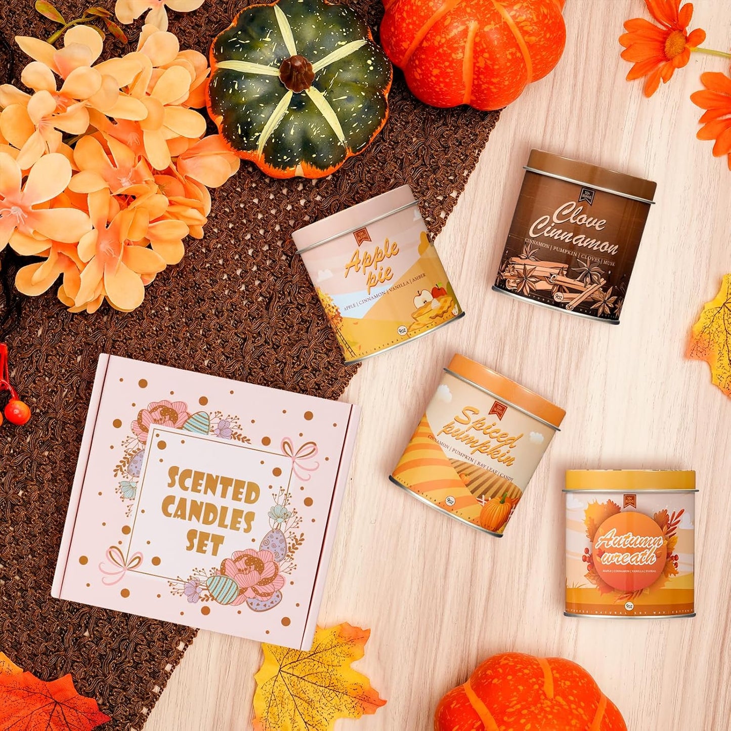 4 Pack Scented Fall Candles Set, 36oz Aromatherapy Soy Wax Candles for Home Scented, Halloween House Warming Gifts Birthday Candle for Women Halloween Apple Pie/Autumn Wreath/Cinnamon/Pumpkin Candle
