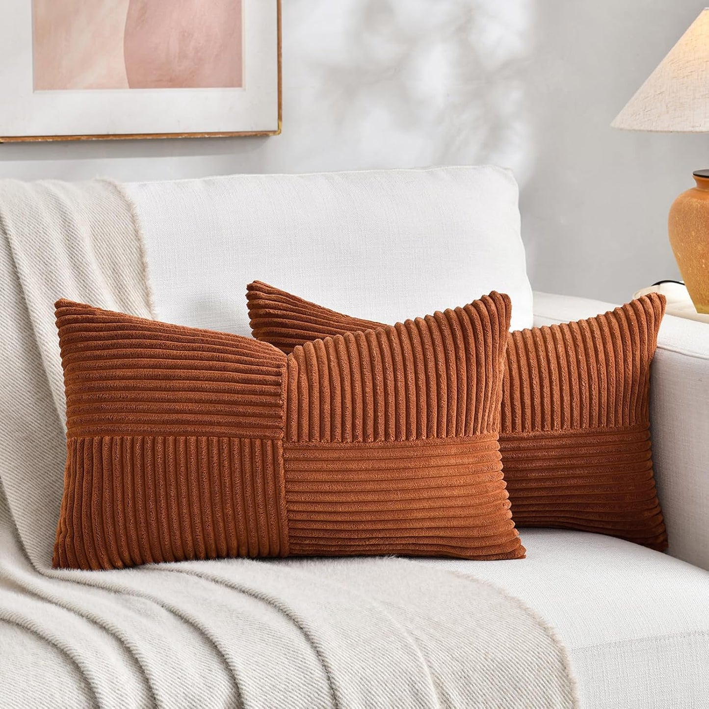 Fancy Homi 2 Packs Rust Lumbar Decorative Throw Pillow Covers 12x20 Inch for Couch Bed Sofa, Rustic Farmhouse Boho Home Decor, Soft Striped Corduroy Rectangle Accent Terracotta Cushion Case 30x50 cm