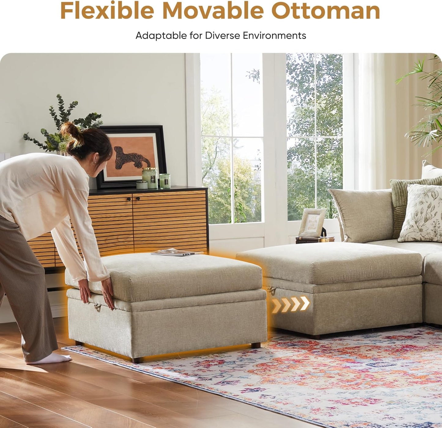 134.6" Oversized Modular Sectional Sofa, Large 7 Seater U Shaped Couch with Storage Ottoman with Reversible Chaise Deep Seat for Living Room, Apartment - Chenille Beige