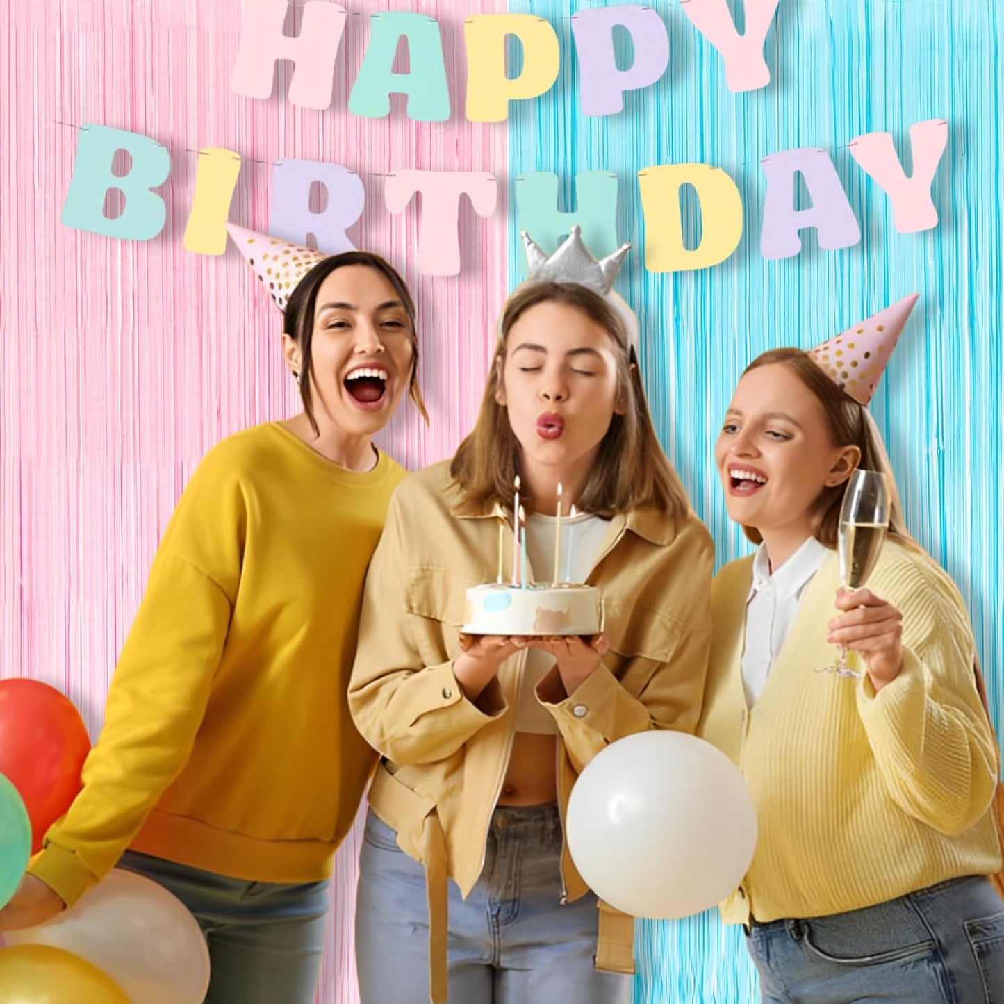 BRAVESHINE Tinsel Photo Backdrop Curtains - 2 Pack 3.2x8.2ft Pastel Pink Blue Foil Fringe Streamer Curtain for Boy or Girl Birthdays Sweet Donuts Easter Party Decorations