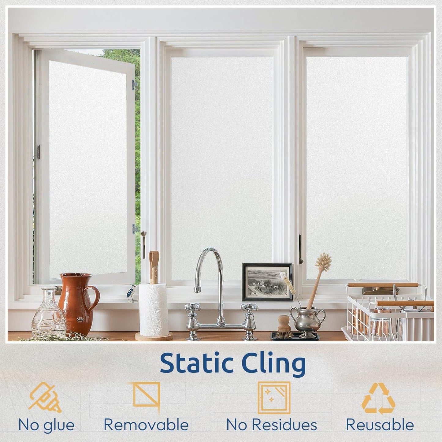 rabbitgoo Window Privacy Film, Non-Adhesive Frosted Glass Window Film for Bathroom, Static Cling Heat Blocking Stickers for Home Indoor Opaque Frosting Coverings House Tint, Matte White 11.8" x 118.1"