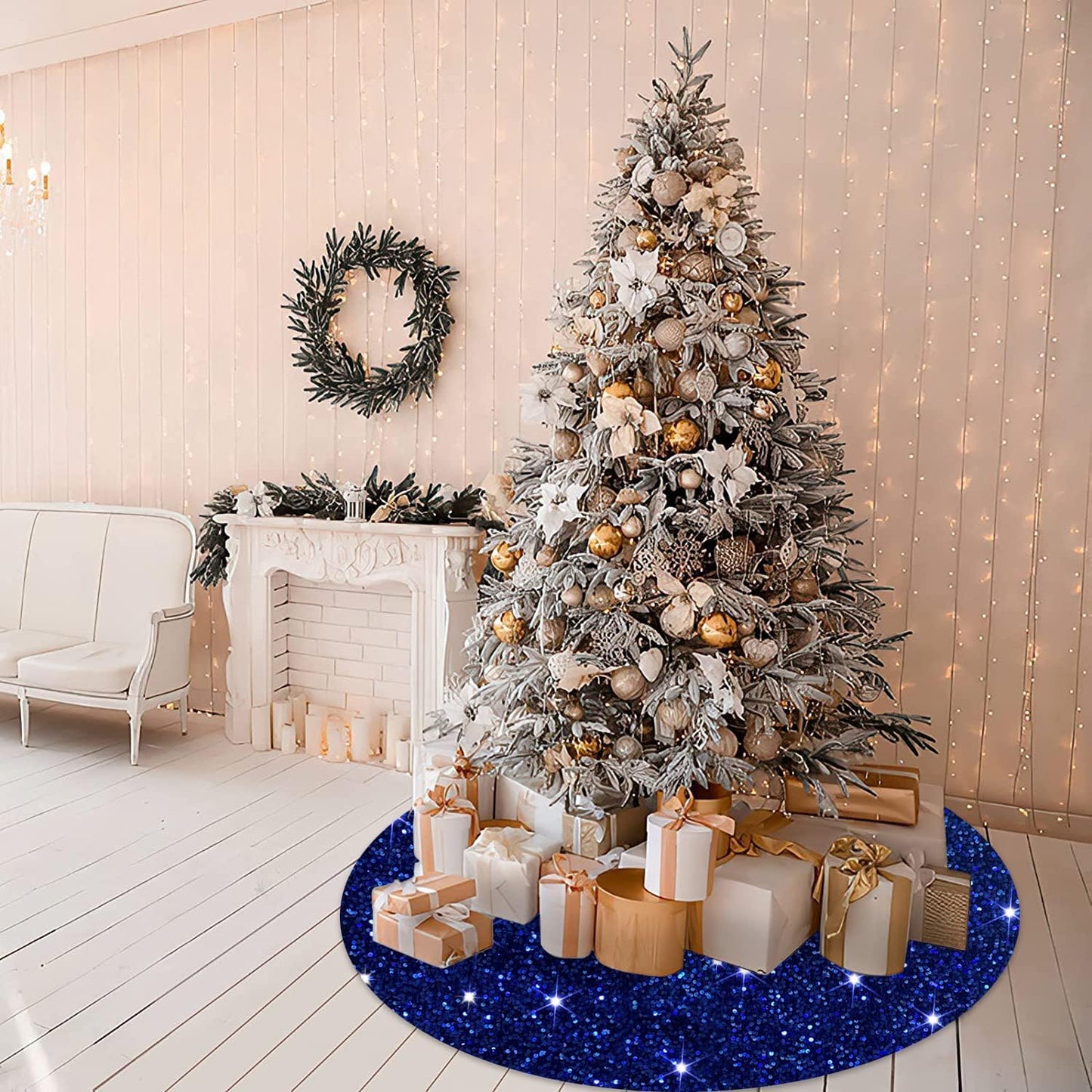 MODFUNS Blue Christmas Tree Skirt Decorations 36 Inches Sequin Christmas Tree Skirt Sparkly Tree Mat Embroidery Velvet Tree Skirts Xmas Ornaments Halloween Tree Cover Skirt Round Sequin Tree Base Mat