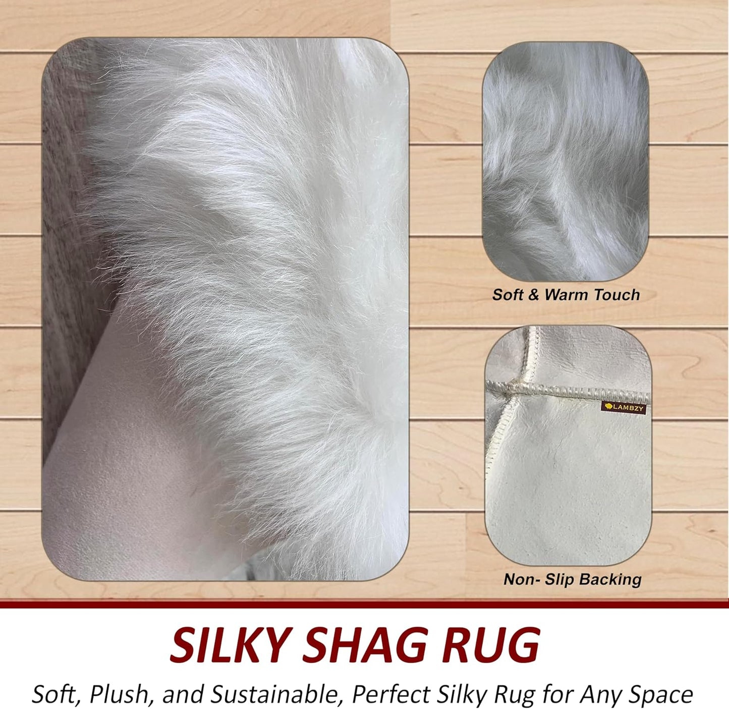 LAMBZY Faux Sheepskin Hypoallergenic Free Shape Silky Shag Rug, Luxury Shaggy Silky Plush Carpet for Bedrooms Rugs Living Room Kids Rooms Sofa Floor Rugs (Quarto 4 Pelts 4'x6', 120x180cm White)