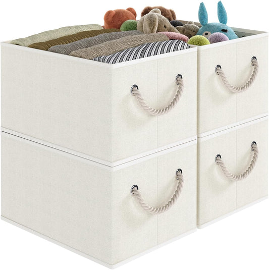 Closet Storage Bins, Linen Closet Organizers and Storage Basket for Shelves, Collapsible Shelf Baskets for Organizing Shelves, Bedroom Clothes Basket, Beige, 3 Pack
