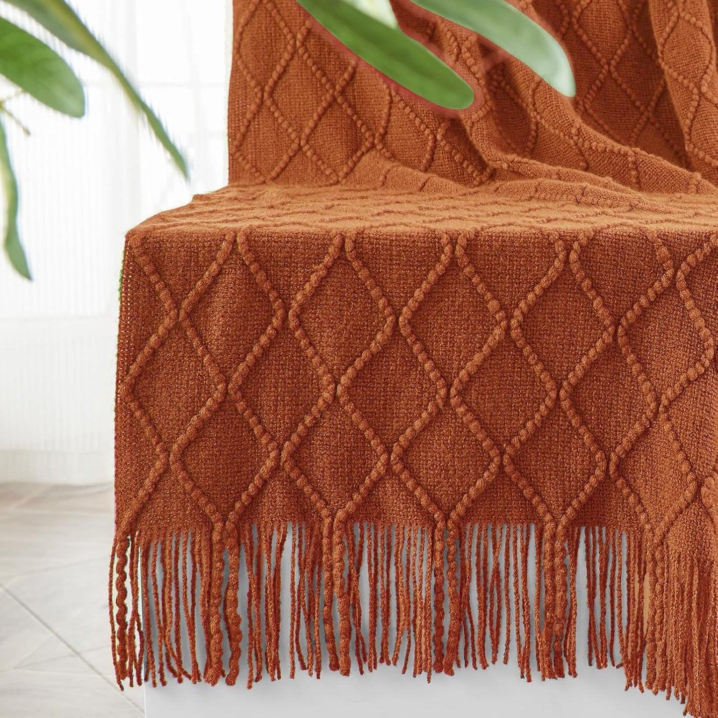 inhand Knitted Throw Blankets for Couch and Bed, Soft Cozy Knit Blanket with Tassel, Orange Rust Lightweight Decorative Blankets and Throws, Farmhouse Warm Woven Blanket for Men and Women, 50"x60"