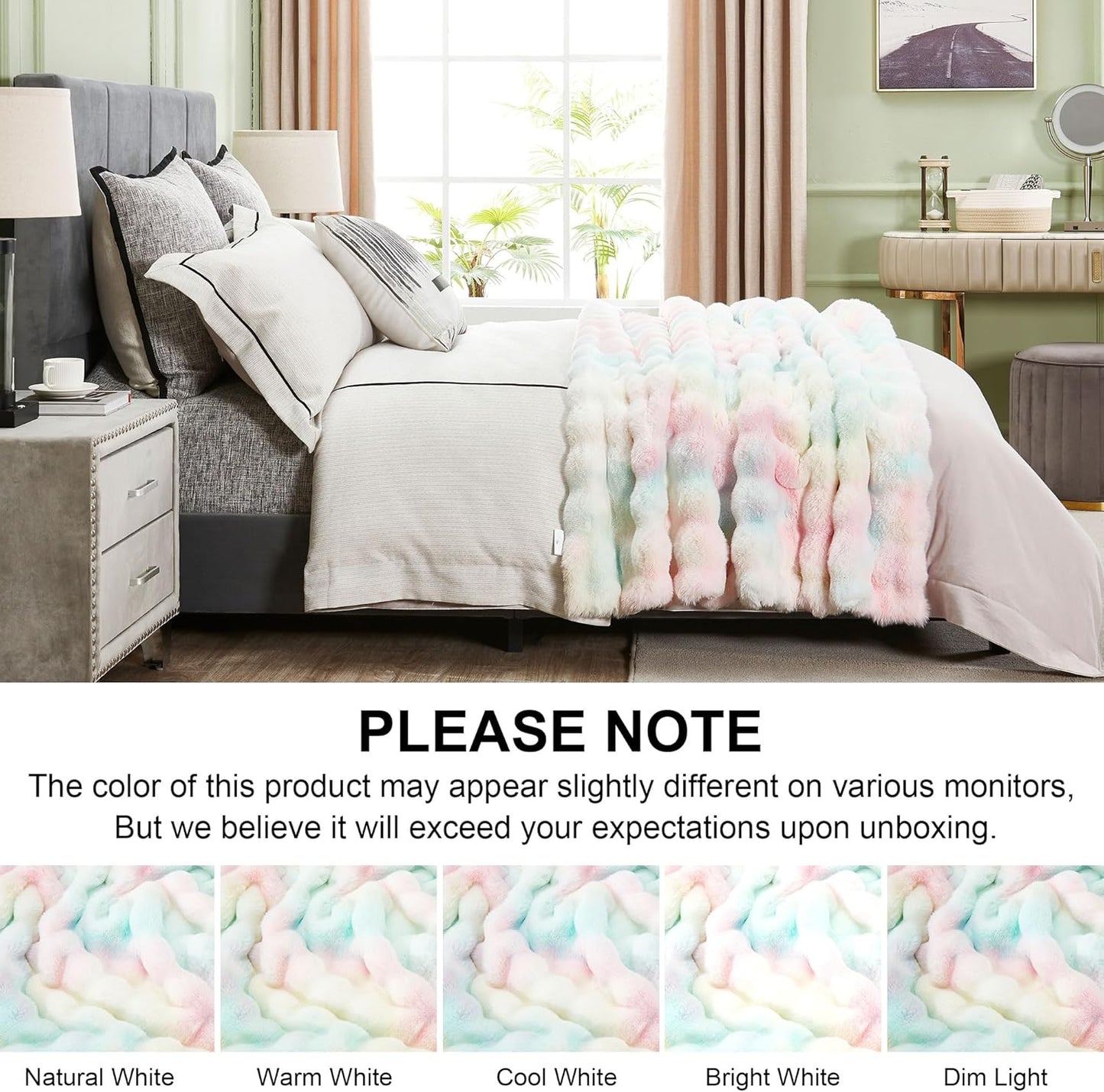 DREAMNINE Large Colorful Soft Fluffy Bubble Faux Rabbit Fur Blanket Queen Size 80" x 90", Luxury Double Sided Big Thick Fuzzy Bed Blankets, Cute Warm Cozy Plush Comfy Furry Blanket for Winter, Rainbow