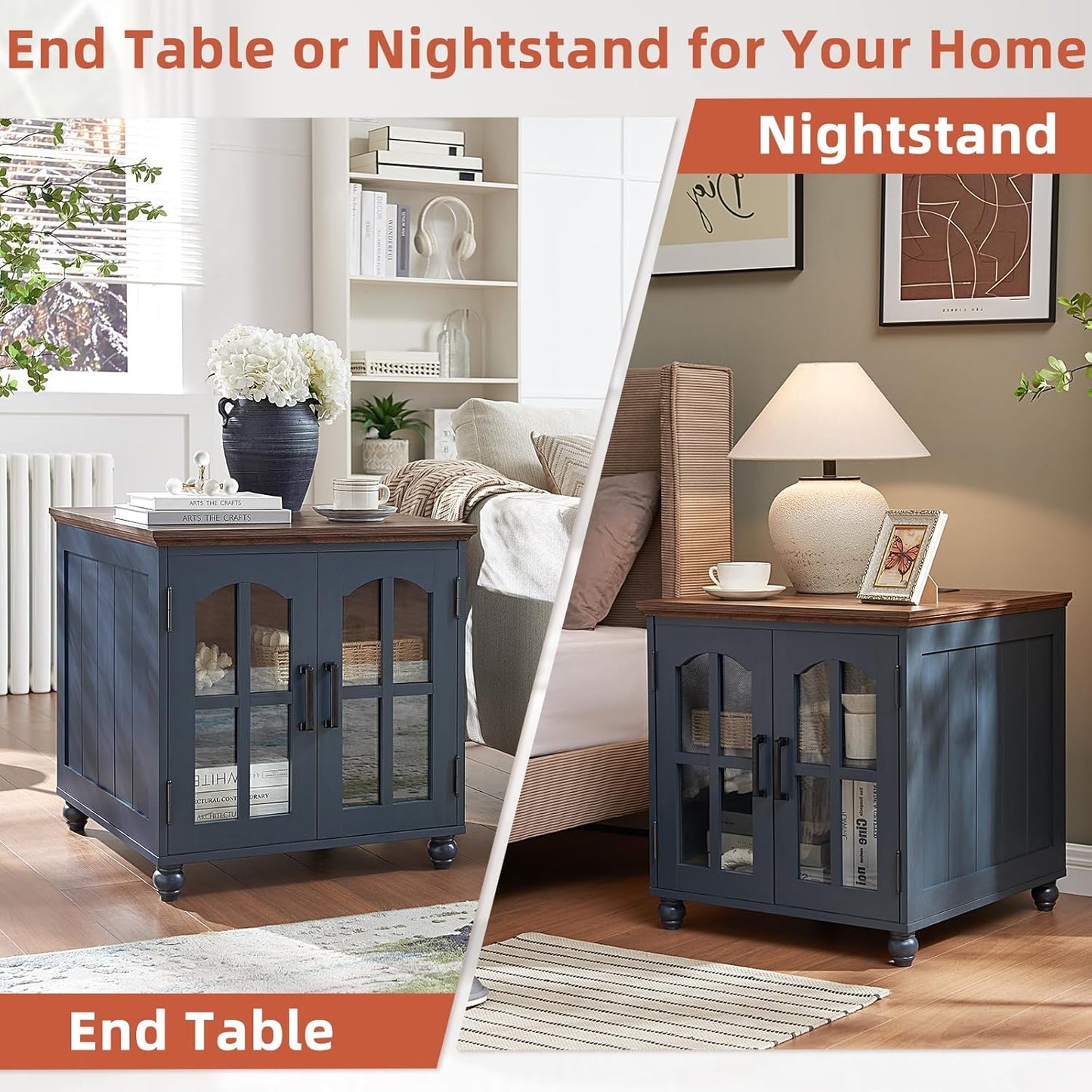 Farmhouse End Table with Charging Station,24" Large Sofa Side Table with Glass Barn Door,Rustic Wood Night Stand with Adjustable Storage Shelf,Square Bedside Table for Living Room,Bedroom Office