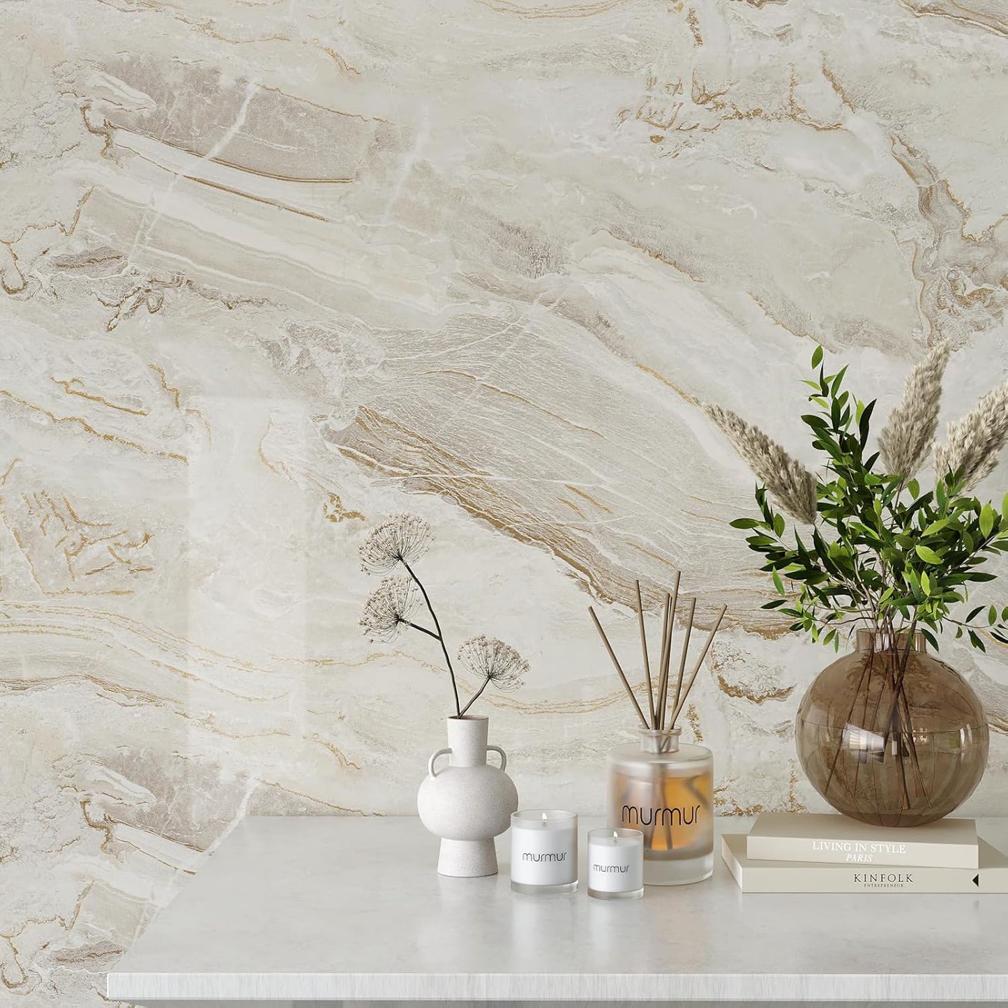 VEELIKE Wide 32''x354'' Beige Gold Marble Contact Paper for Countertops Peel and Stick Waterproof Countertop Vinyl Wallpaper for Kitchen Bathroom Glossy Marble Wallpaper Peel and Stick for Walls Table