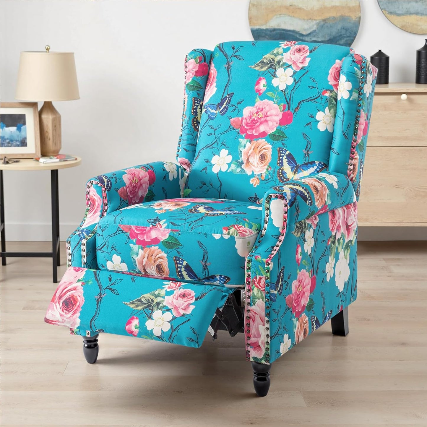 UIXE Floral Pushback Recliner Chairs Set of 2, Fabric Upholstered Armchair Push Back Accent Chair for Living Room, Rivet Trim Club Chair Home Theater Single Sofa Reading Seat - Peacock Blue