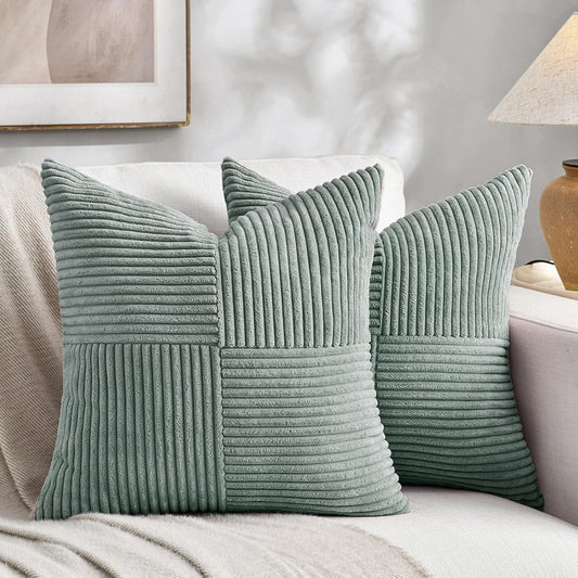 Fancy Homi 2 Packs Grey Blue Samll Decorative Throw Pillow Covers 14x14 Inch with for Couch Bed Sofa, Rustic Farmhouse Boho Home Decor, Soft Corss Patchwork Corduroy Square Cushion Case 35x35 cm