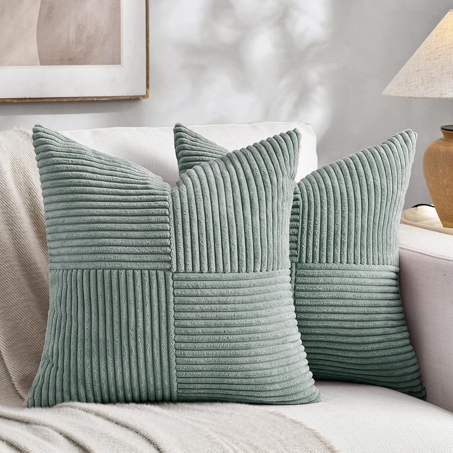 Fancy Homi 2 Packs Grey Blue Decorative Throw Pillow Covers 16x16 Inch for Couch Bed Sofa, Rustic Farmhouse Boho Home Decor, Soft Corss Patchwork Corduroy Textured Square Cushion Case 40x40 cm