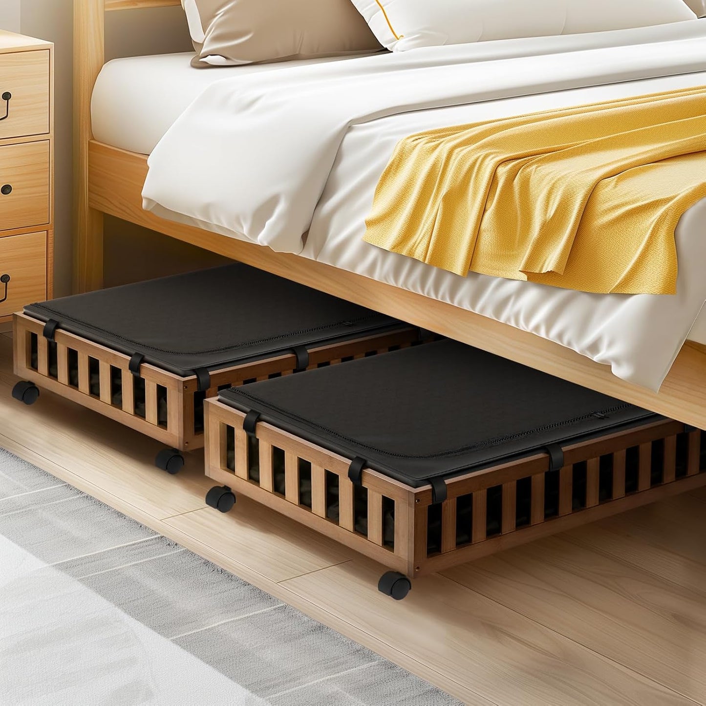 2 Pack Bamboo Under Bed Storage with Wheels, 39”x20”x7.8” Lager Under Bed Storage Containers (Brown)