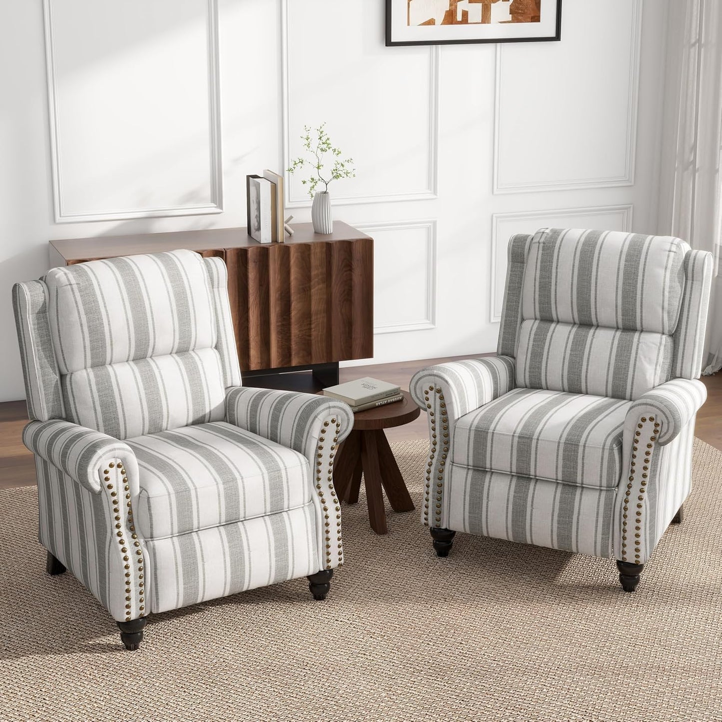 UIXE Pushback Recliner Chairs Set of 2, Fabric Armchair Push Back Accent Chair for Living Room, Rivet Trim Club Chair Overstuffed Home Theater Bedroom Reading Seat - Stripe Gray
