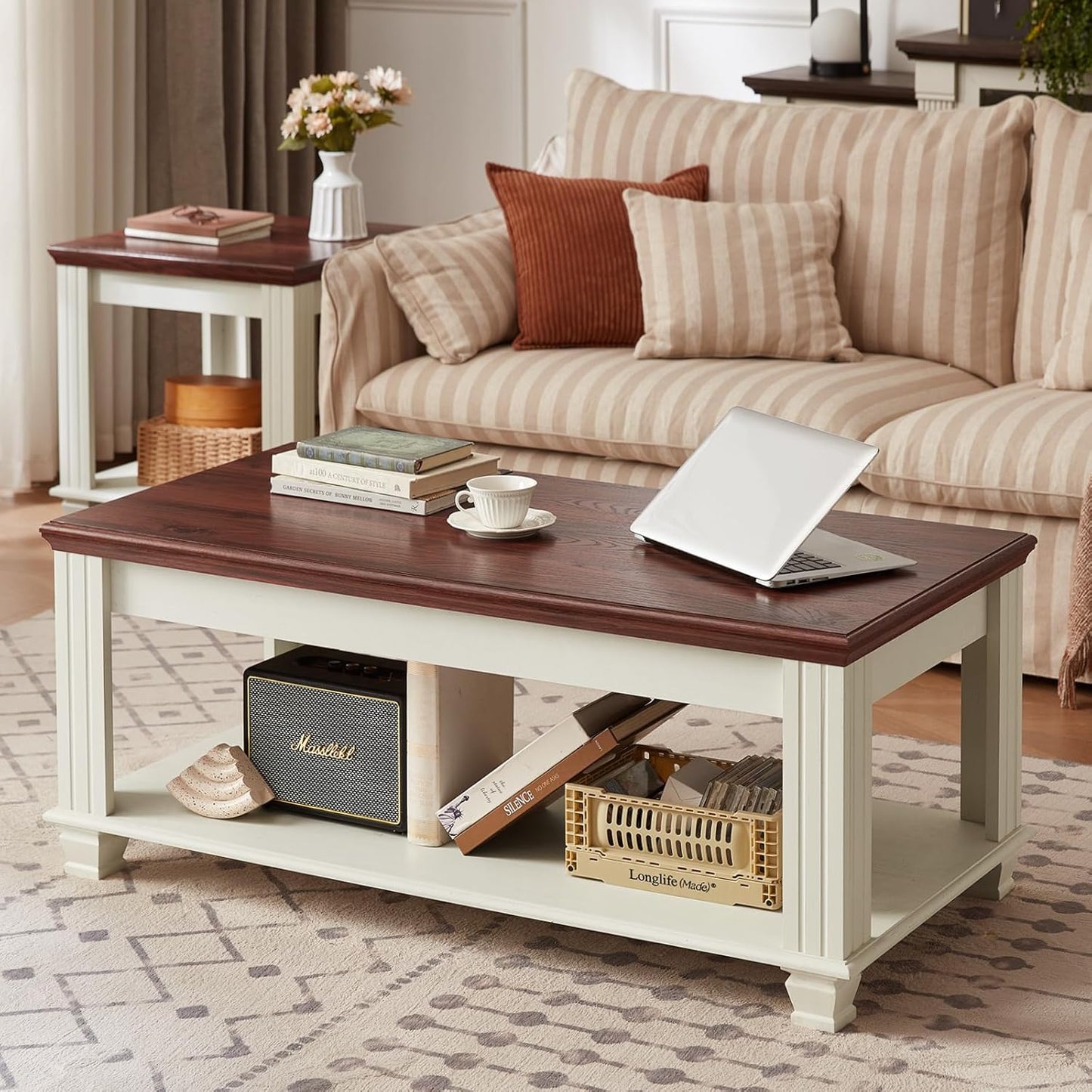Farmhouse Coffee Tables for Living Room,Square Tea Table with Open Storage Shelf,Large Coffee Table,Rustic Wooden Center Table,White