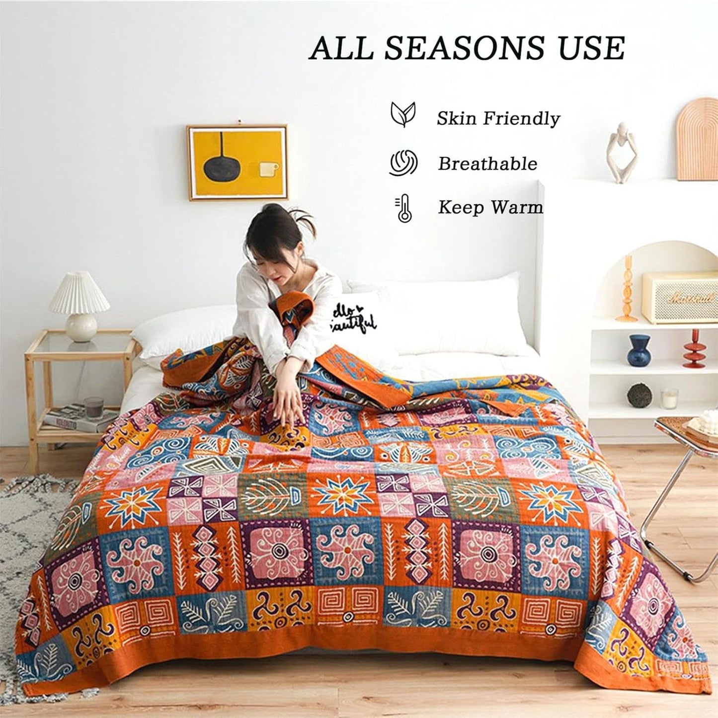 Christmas Cotton Throw Blanket for Couch Bed 60''x80'',Cotton Quilt Boho Throw Blanket Muslin Bed Travel Blanket Vintage Soft Cozy Checkered Blankets Gift for Women