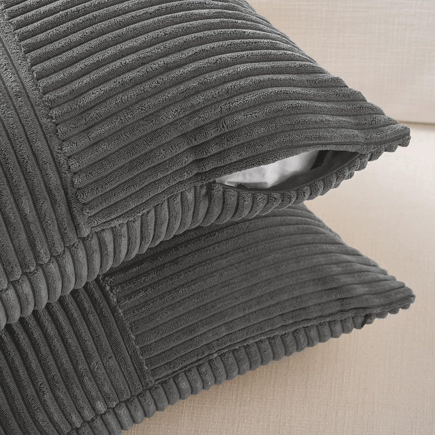 Fancy Homi 2 Packs Dark Gray Lumbar Decorative Throw Pillow Covers 12x20 Inch for Living Room Couch Bed Sofa, Farmhouse Home Decor, Soft Striped Corduroy Rectangle Accent Cushion Case 30x50 cm