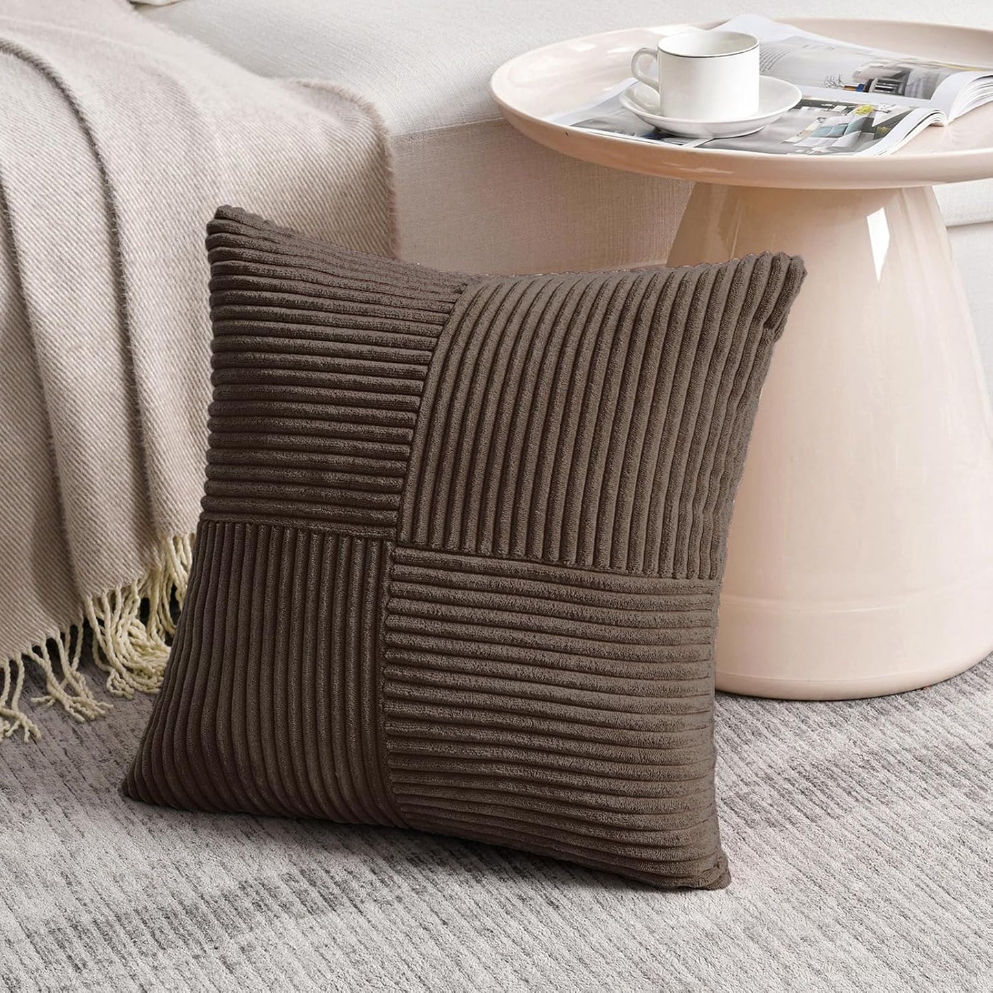 Fancy Homi 2 Packs Dark Brown Decorative Throw Pillow Covers 22x22 Inch for Living Room Couch Bed Sofa, Rustic Farmhouse Boho Home Decor, Soft Corss Corduroy Patchwork Accent Cushion Case 55x55 cm