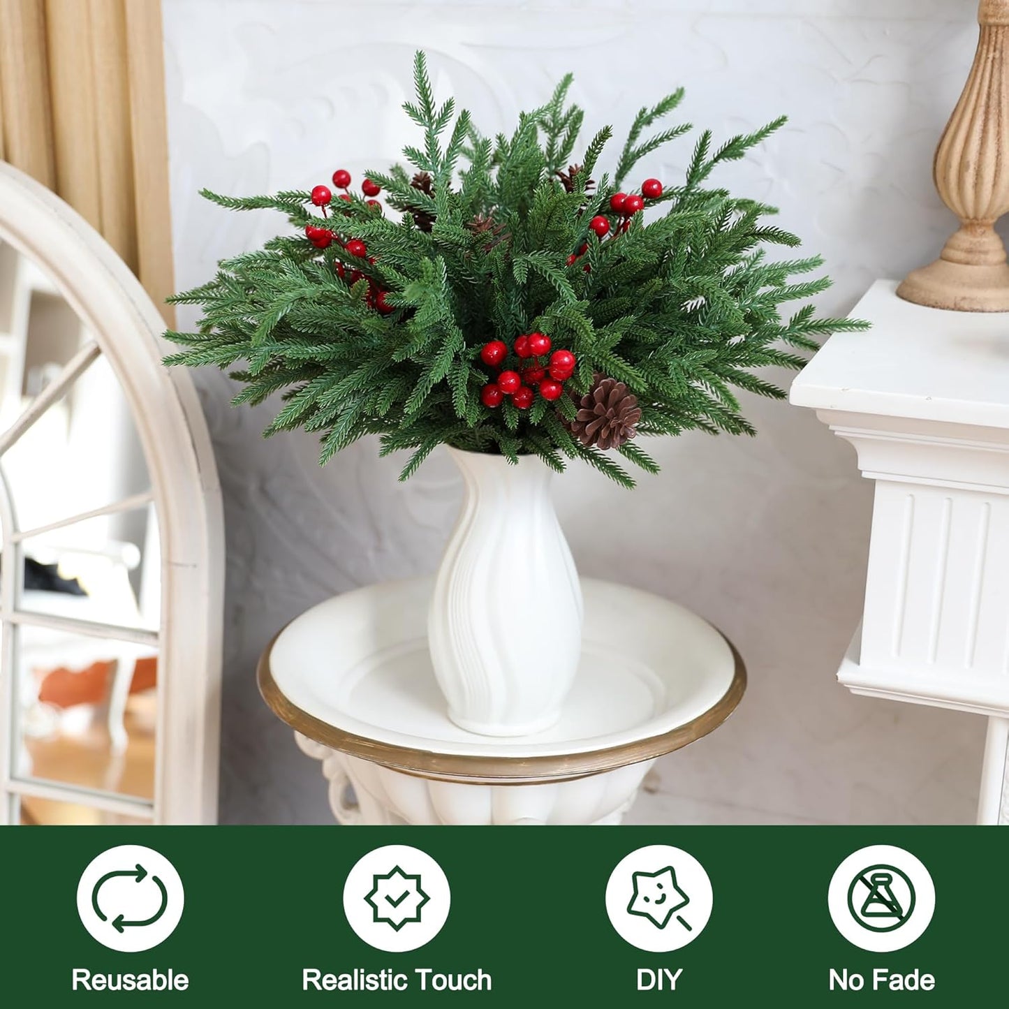 24 Pcs Christmas Norfolk Pine Stems, Realistic DIY Artificial Pine Branches for Christmas Decorations