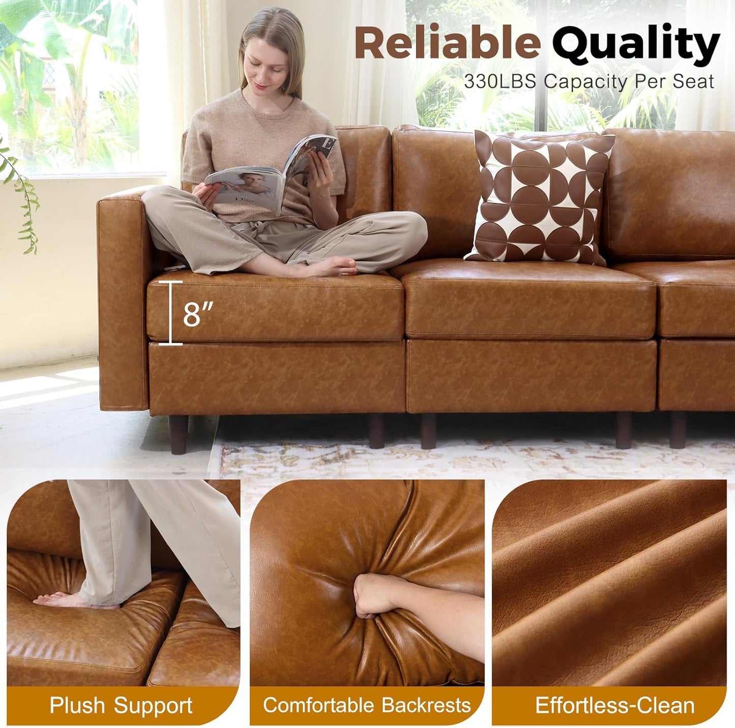118.5" Luxury Modular Sleeper Sofa Bed with Storage Seat, 8 Seat Sectional Couch Deep Seat with Reversible Chaises & Removable Cover - Brown Faux Leather
