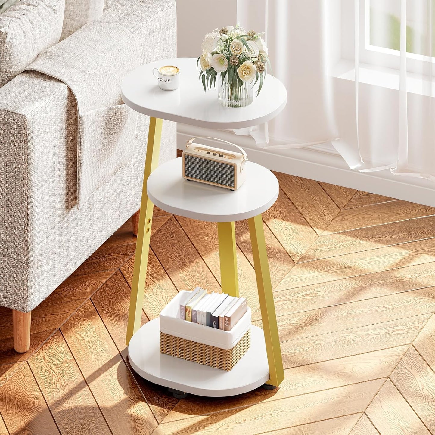 Side Table, Small End Table with Metal Frame, 3-Tier Bedside Tables, Round Side Tables for Living Room Bedroom Couch Bathroom, Oval, White