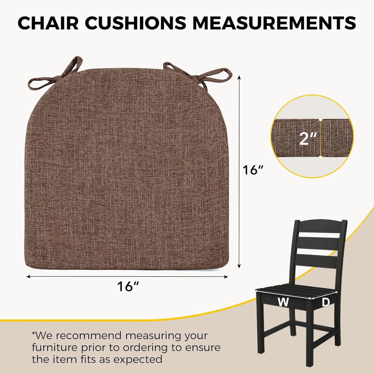 downluxe Indoor Chair Cushions for Dining Chairs, Soft and Comfortable Textured Foam Kitchen Chair Pads with Ties and Non-Slip Backing, 16" x 16" x 2", Brown, 2 Pack