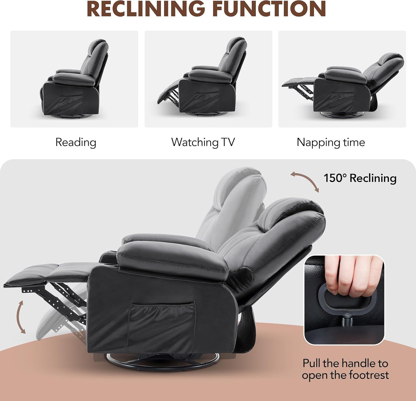 Swivel Rocker Recliner Chair with Heat and Massage, 360 Degree Swivel Rocking Single Sofa with Cup Holders and USB Port, Large Big Recliner Chair for Living Room (Leather, Black)