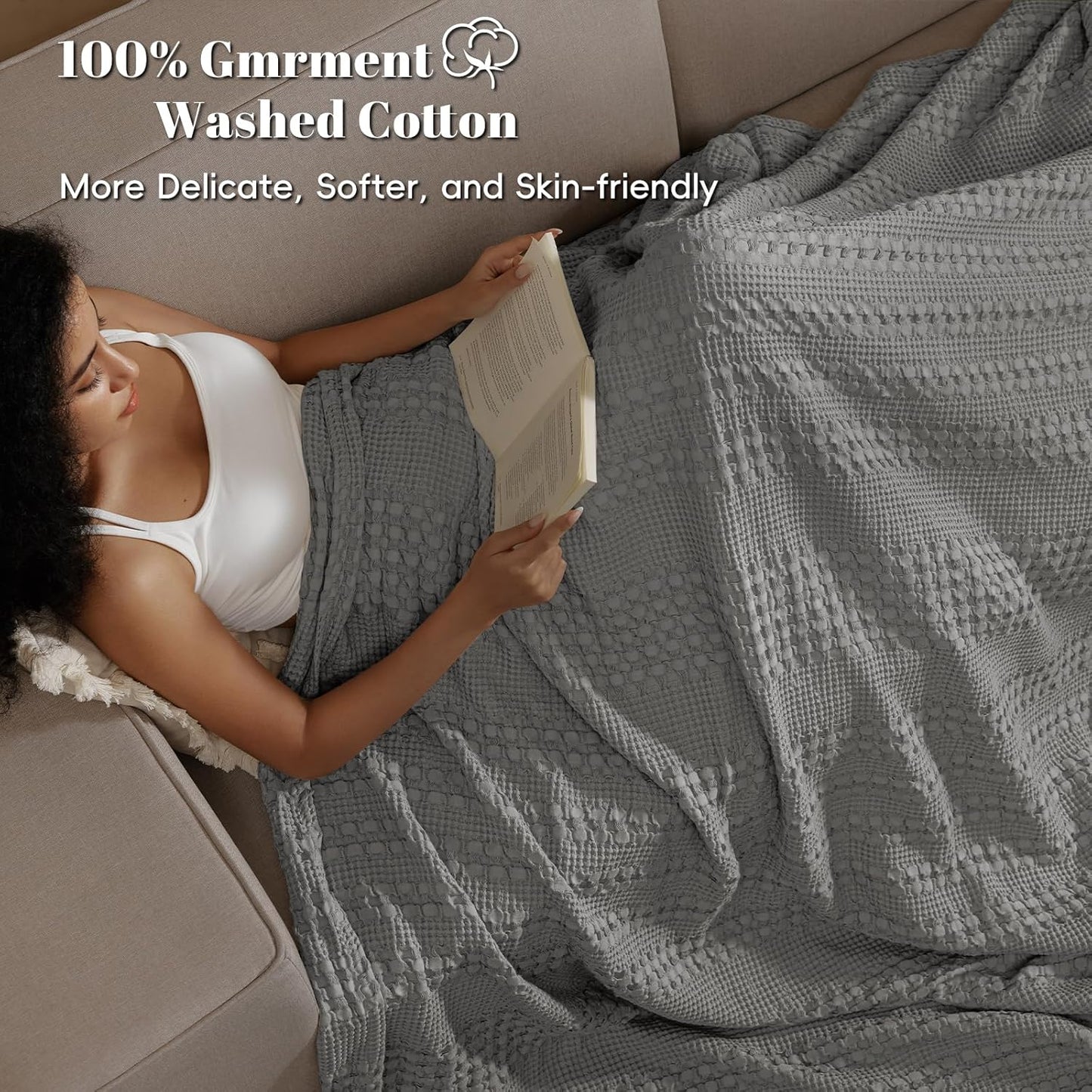PHF 100% Cotton Waffle Weave Blanket King Size, Soft Lightweight Breathable Cozy Summer Blankets for Bed, Luxury Aesthetic Woven Bedding for Home Decor, 108"x90", Dark Grey