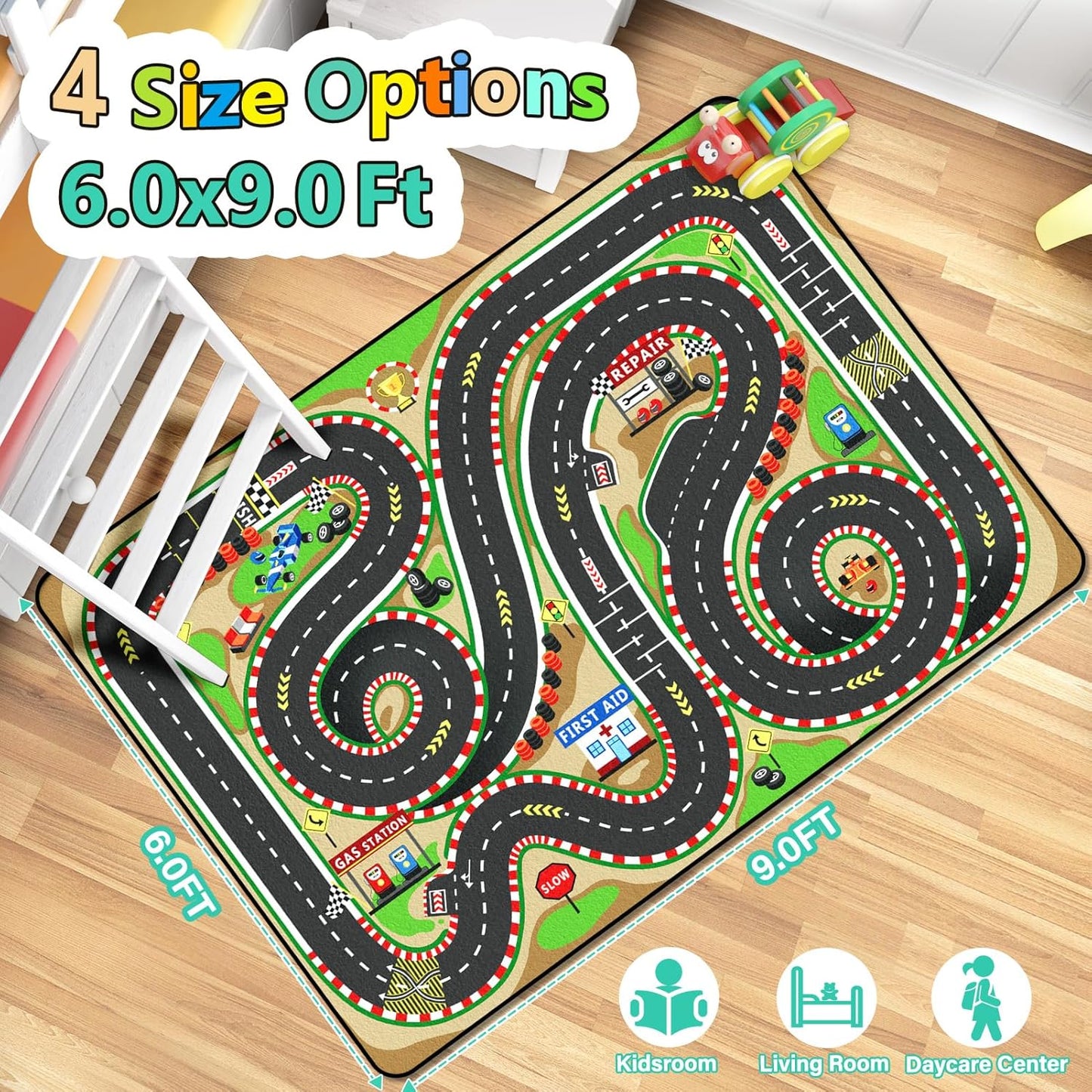 Kids Rug, Race Track Baby Play Mats, Realistic 3D Cascading Surround Route, 6x9 Ft Kids Rug for Playroom, Great for Playing with Cars and Toys, Non-Slip Car Carpet