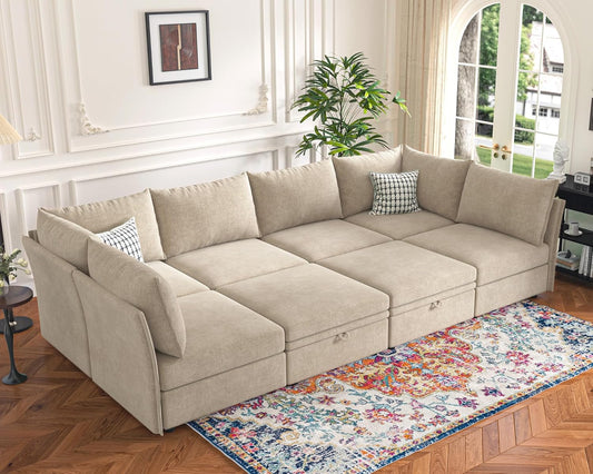 136.4" Oversized Modular Sectional Sleeper Sofa Bed, U Shaped Convertible Couch with Movable Ottoman, Large 8 Seat Corner Couches for Living Room Deep Seat Beige Chenille