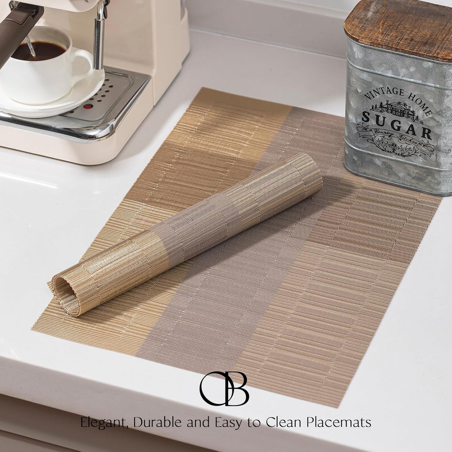Placemats Set of 4 - Easy Clean Woven Vinyl Placemats for Dining Table, Indoor/Outdoor Place Mats, Washable PVC Table Mats （Gold Dune）